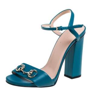 Pre Owned صندل غوتشي مزين هورسبيت سير كاحل مقدمة مفتوحة كعب سميك جلد أزرق مقاس 38