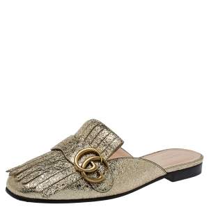 Pre Owned Gucci Gold Foil Leather Marmont Kiltie GG Fringe Mules Size 37