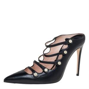 مملوكة مسبقًا Gucci Black Leather Aneta Strappy Pointed Mules Size 37.5