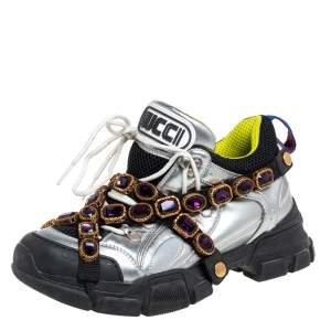 Gucci Silver/Black Leather And Mesh Flashtrek Removable Crystal Sneakers Size 39