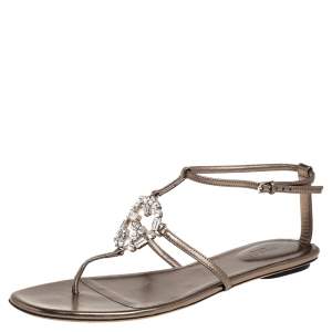Pre Owned Gucci Metallic Bronze Leather Crystal Embellished GG Thong Flat Sandals Size 39.5