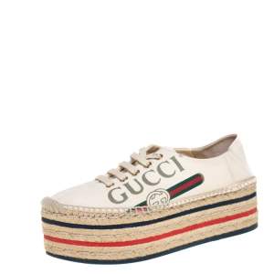 مملوكة مسبقًا Gucci Cream Canvas Logo Platform Espadrilles Size 36.5