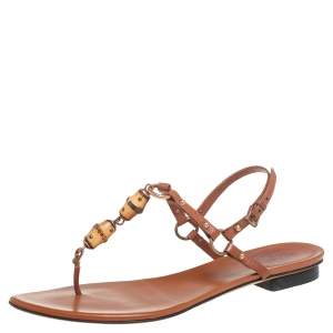 Pre Owned Gucci Brown Leather Bamboo Embellished Flat Thong Sandals Size 39