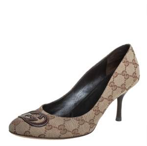 مملوكة مسبقًا Gucci Beige GG Canvas And Leather Logo Pumps Size 38