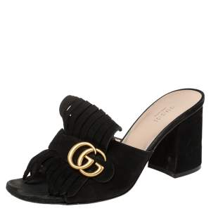 مملوكة مسبقًا Gucci Black Suede GG Marmont Fringe Slide Sandals Size 39