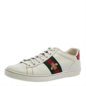 Pre Owned Gucci White Leather And Canvas Ace Sneakers Size 38