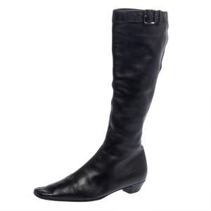 Pre Owned Gucci Black Leather Buckle Detail Square Toe Mid Calf Boots Size 37