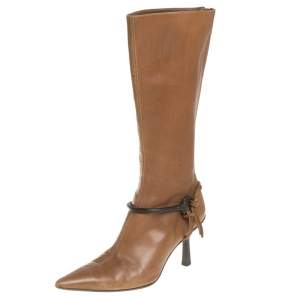مملوكة مسبقًا Gucci Brown Leather Mid Calf Signature Horsebit Boots Size 36