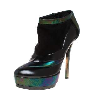 Gucci Black/Green Holographic Leather And Suede Platform Ankle Boots Size 38 