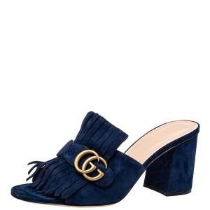 Pre Owned Gucci Navy Blue Suede GG Marmont Fringe Slide Sandals Size 40.5