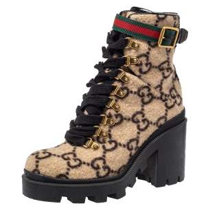 Pre Owned Gucci Beige GG Wool Ankle Boots Size 36