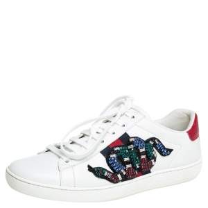 Pre Owned Gucci White Leather Crystal Embellished Snake Python Trim Web Detail Ace Low Top Sneakers Size 36
