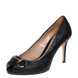 مملوكة مسبقًا Gucci Black Guccissima Leather Horsebit Peep Toe Pumps Size 37.5