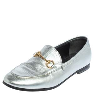 Pre Owned Gucci Silver Leather Jordaan Horsebit Slip On Loafers Size 37