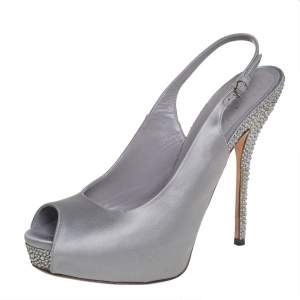Gucci Grey Satin Crystal Embellished Slingback Sandals Size 38.5