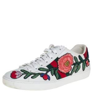 Pre Owned Gucci White Floral Embroidered Leather Ace Low Top Sneakers Size 36