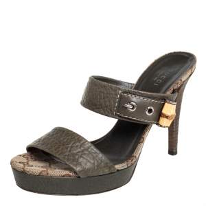 Pre Owned Gucci Green Leather Bamboo Platform Sandals Size 38