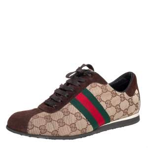 Pre Owned حذاء رياضى غوتشى منخفض من أعلى ويب كلاسيك كانفاس جى جى وسويدى بيج / بنى مقاس 38.5