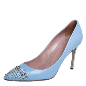 Pre Owned Gucci Blue Leather Studded Pointed Toe Pumps Size 38.5