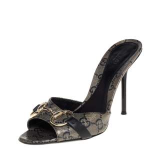 Pre Owned Gucci Black/Gold GG Coated Canvas Horsebit Sandals Size 36.5