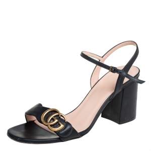 مملوكة مسبقًا Gucci Black Leather GG Marmont Block Heel Ankle Strap Sandals Size 39