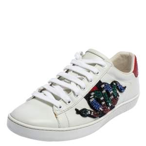 Pre Owned Gucci White Leather Snake Embroidered Ace Sneakers Size 38