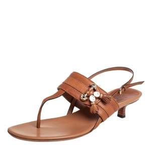 مملوكة مسبقًا Gucci Brown Leather Marrakech Kitten Heel Ankle Strap Sandals Size 40