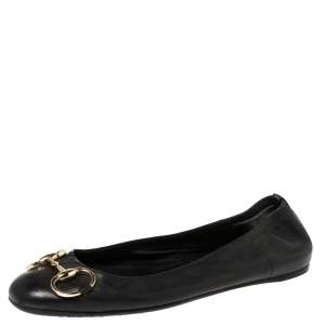 Pre Owned Gucci Black Leather Horsebit Ballet Flats Size 37.5