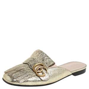 Pre Owned Gucci Metallic Gold Foil Leather GG Marmont Kiltie Mules Size 39