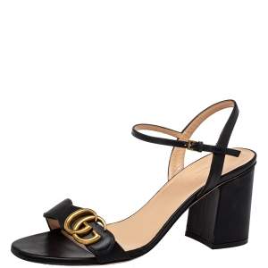 مملوكة مسبقًا Gucci Black Leather GG Marmont Block Heel Ankle Strap Sandals Size 39