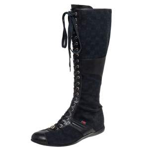 Pre Owned Gucci Black GG Canvas And Leather Knee Length Boots Size 38