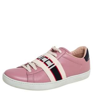 Gucci Pink Leather Ace Gucci Stripe Low Top Sneakers Size 38.5