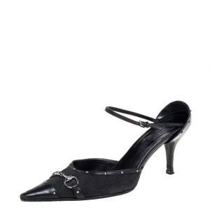 Pre Owned Gucci Black GG Canvas And Leather Studded Horsebit Pointed Toe Sandals Size 40