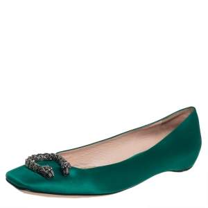 Pre Owned Gucci Green Satin Dionysus Ballet Flats Size 39
