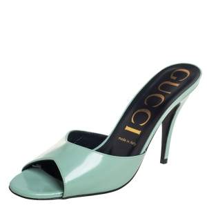 Gucci Green Leather Peep Toe Mules Sandals Size 38.5