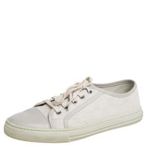 Pre Owned حذاء رياضي غوتشي جلد وكانفاس جي جي سوبريم كريمي/رصاصي مقدمة بيضاء منخفض من أعلى مقاس 39