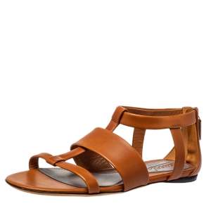 Pre Owned Gucci Tan Leather T Strap Flat Sandals Size 36.5
