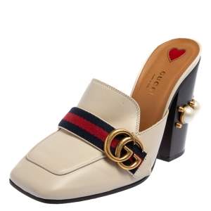 Pre Owned Gucci White Leather And Canvas  Peyton GG Web  Embellished Heel Mule Sandals Size 39