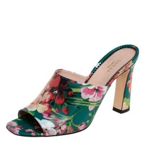 Pre Owned Gucci Multicolor Bloom Print Leather Shanghai Open Mules Size 39