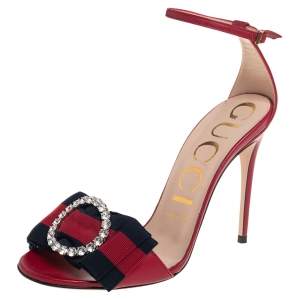 مملوكة مسبقًا Gucci Red Leather Charlotte Web Crystal Embellished Ankle Strap Sandals Size 37.5