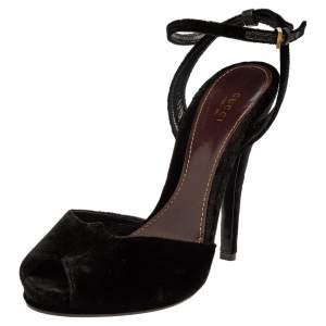 Gucci Black Velvet Peep Toe Platform Ankle Strap Sandals Size 41
