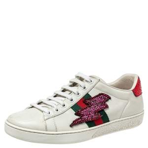 Gucci White Leather And Crystal Embellished Lightning Bolt Ace Low Top Sneakers Size 36