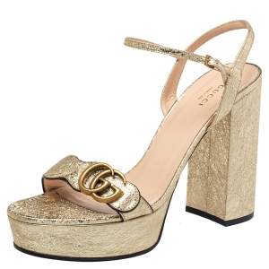 مملوكة مسبقًا Gucci Gold Leather GG Marmont Platform Sandals Size 41