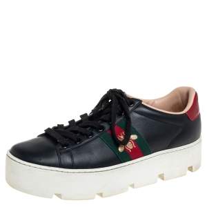 مملوكة مسبقًا Gucci Black Leather Ace Platform Sneakers Size 37