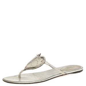 Pre Owned Gucci Gold Leather Logo Thong Sandals Size 41
