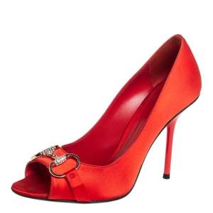Pre Owned Gucci Orange Satin Horsebit Peep Toe Pumps Size 36.5
