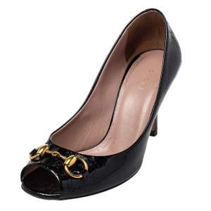 مملوكة مسبقًا Gucci Black Patent Leather Horsebit Peep Toe Pumps Size 37.5