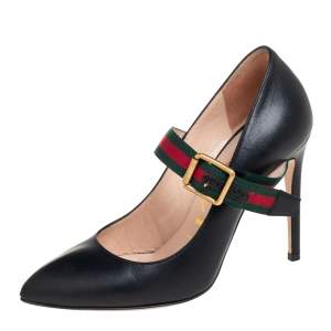 Pre Owned Gucci Black Leather Sylvie Mary Jane Pumps Size 36.5
