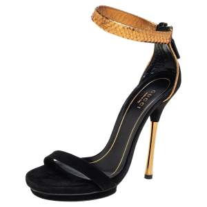 Gucci Black/Gold Suede And Python Kelis Ankle Strap Sandals Size 36