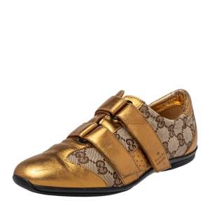 Gucci Gold/Beige GG Canvas and Leather Velcro Sneakers Size 36